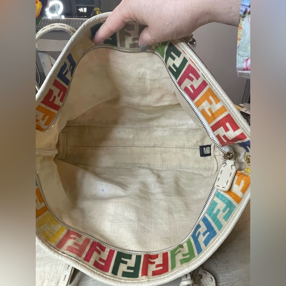 *WITH COA* Multicolor Fendi Spalmati Roll Tote Bag On Ivory Canvas And Leather - Picture 7 of 16